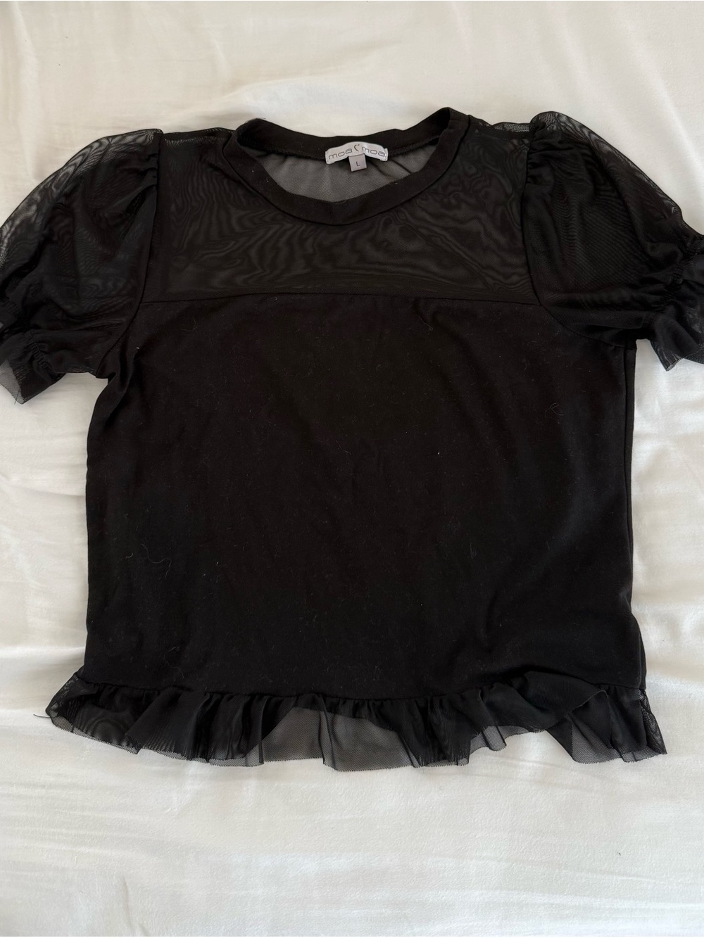 Moa Moa Black Puff Sleeve Mesh Trim Top